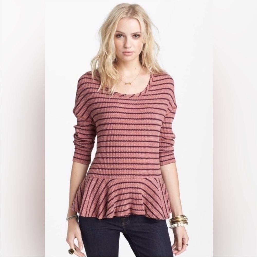Free People | Women’s Mauve Pink/Purple Striped Thermal Auntie Em Waffleknit Top